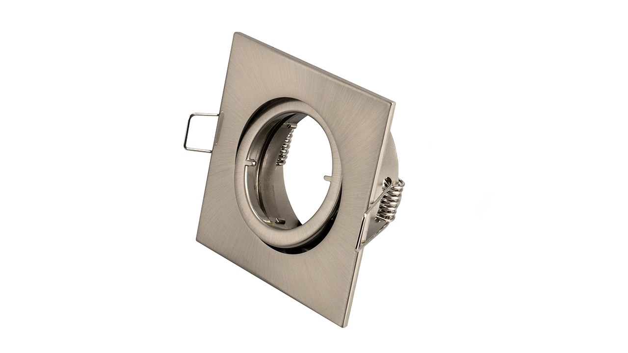 Einbaustrahler GU10, Schwenkbar, eckig, Stahl gebürstet mit Deckenausschnitt 68mm Einbaustrahler GU10, Schwenkbar, eckig, Stahl gebürstet mit Deckenausschnitt 68mm