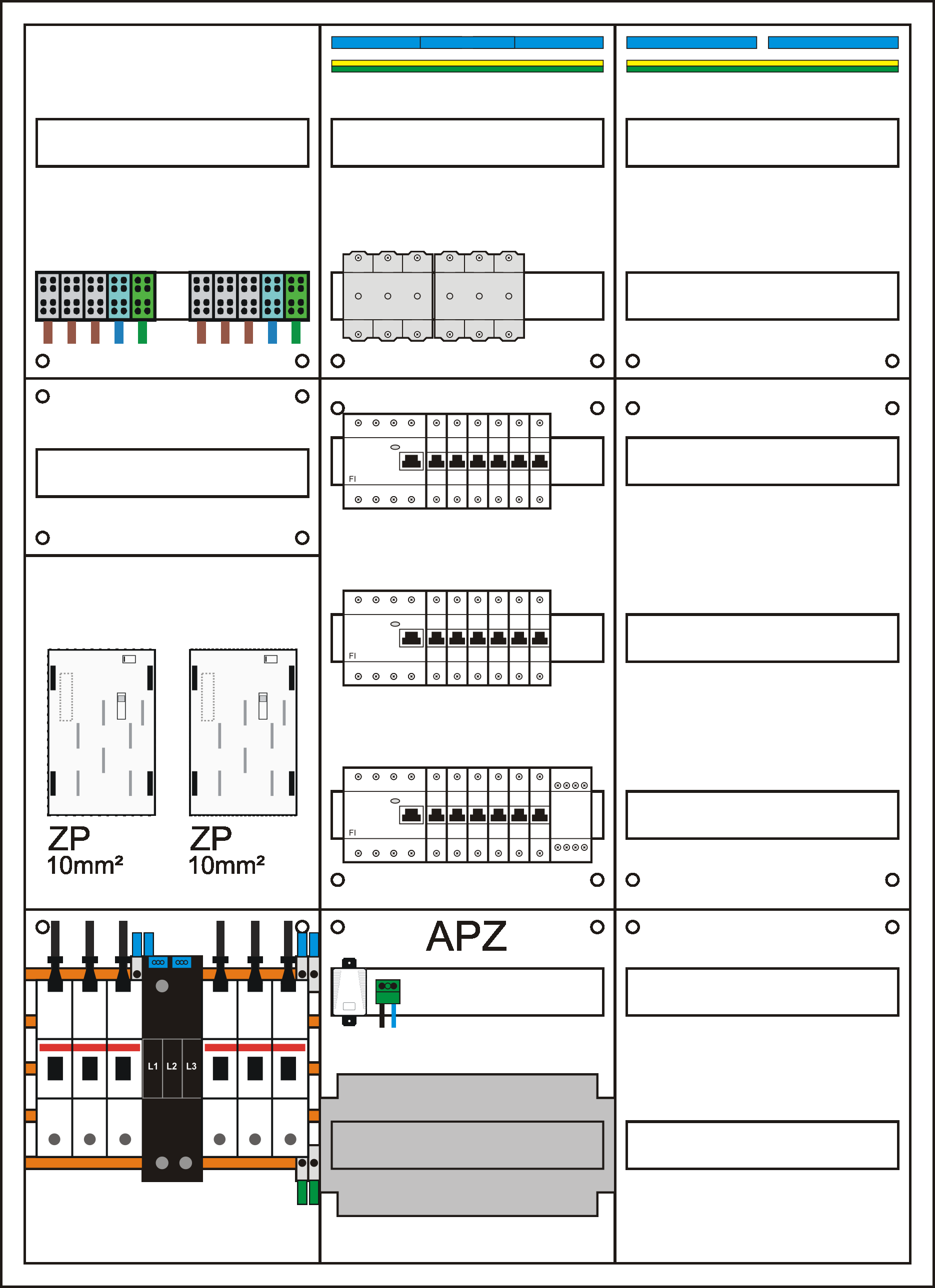 Zählerschrank eHZ,   2 Zählerpl. (eHZ), 1 Verteiler 5-reihig + APZ + N/PE Schiene, 1 Verteiler 7-reihig + N/PE Schiene