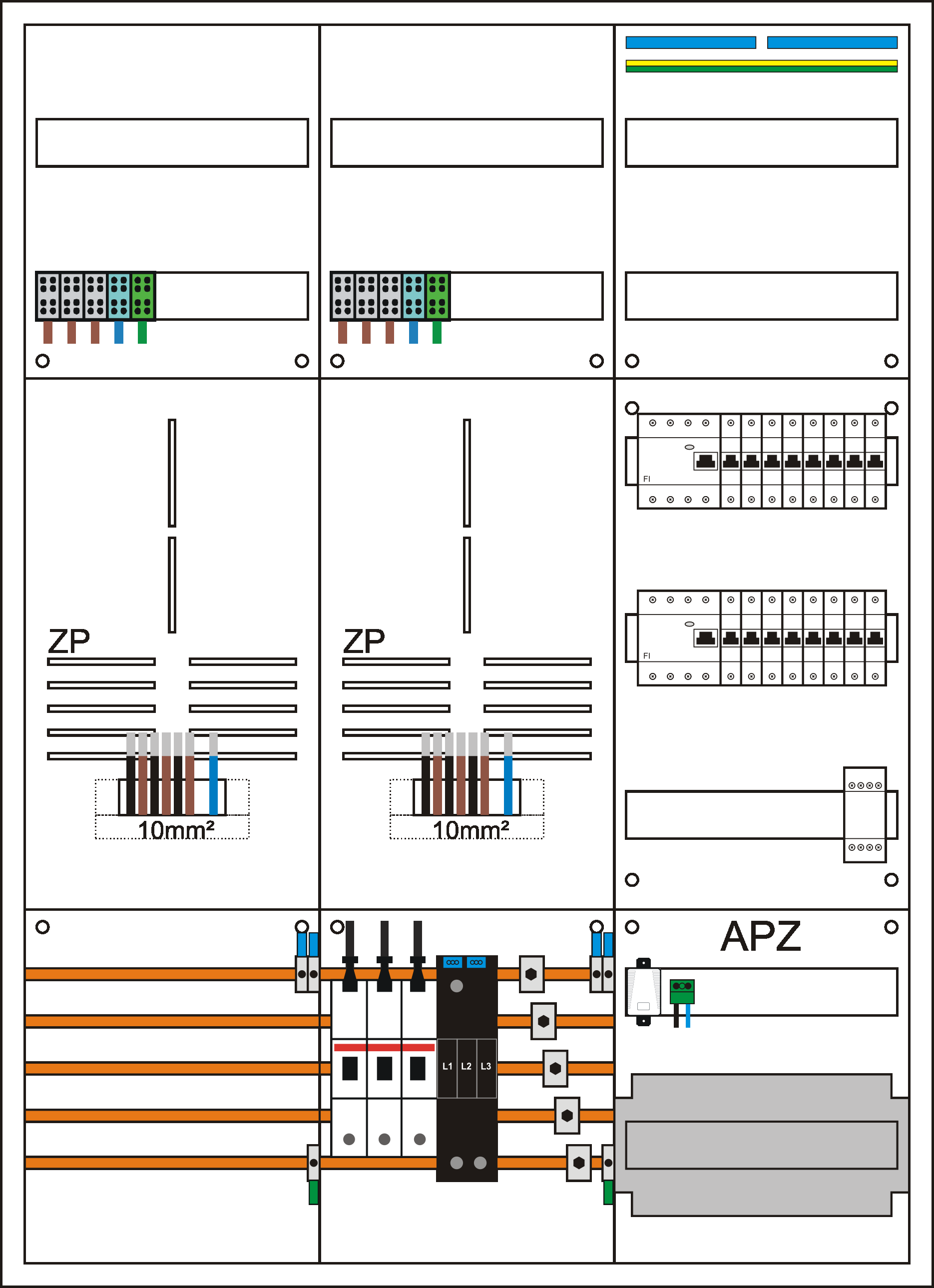 Zählerschrank 3HZ,   2 Zählerpl. (3HZ), 1 Verteiler 5-reihig + APZ + N/PE Schiene