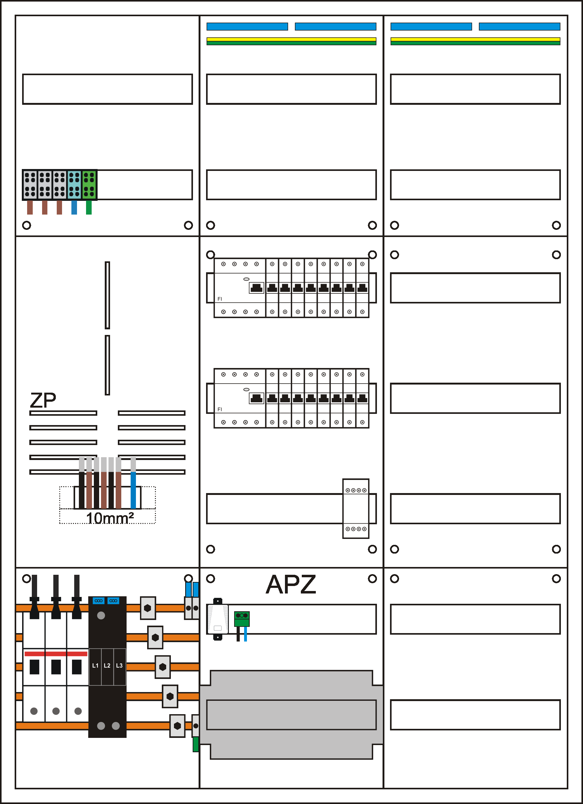 Zählerschrank 3HZ,   1 Zählerpl. (3HZ), 1 Verteiler 5-reihig + APZ + N/PE Schiene, 1 Verteiler 7-reihig + N/PE Schiene