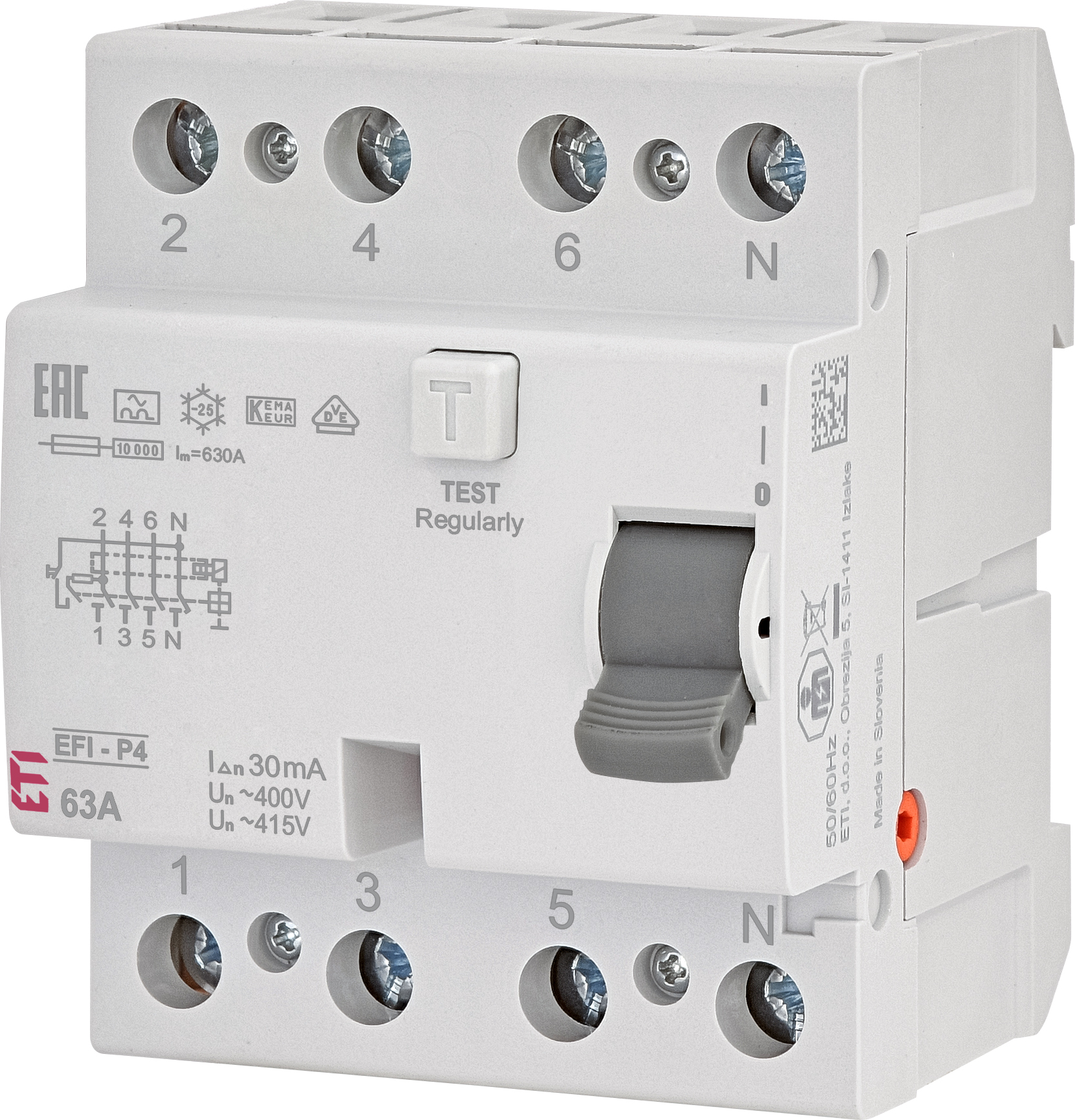 FI-Schutzschalter EFI-P4, A-Typ, 4 polig, 63A (0,03 A)