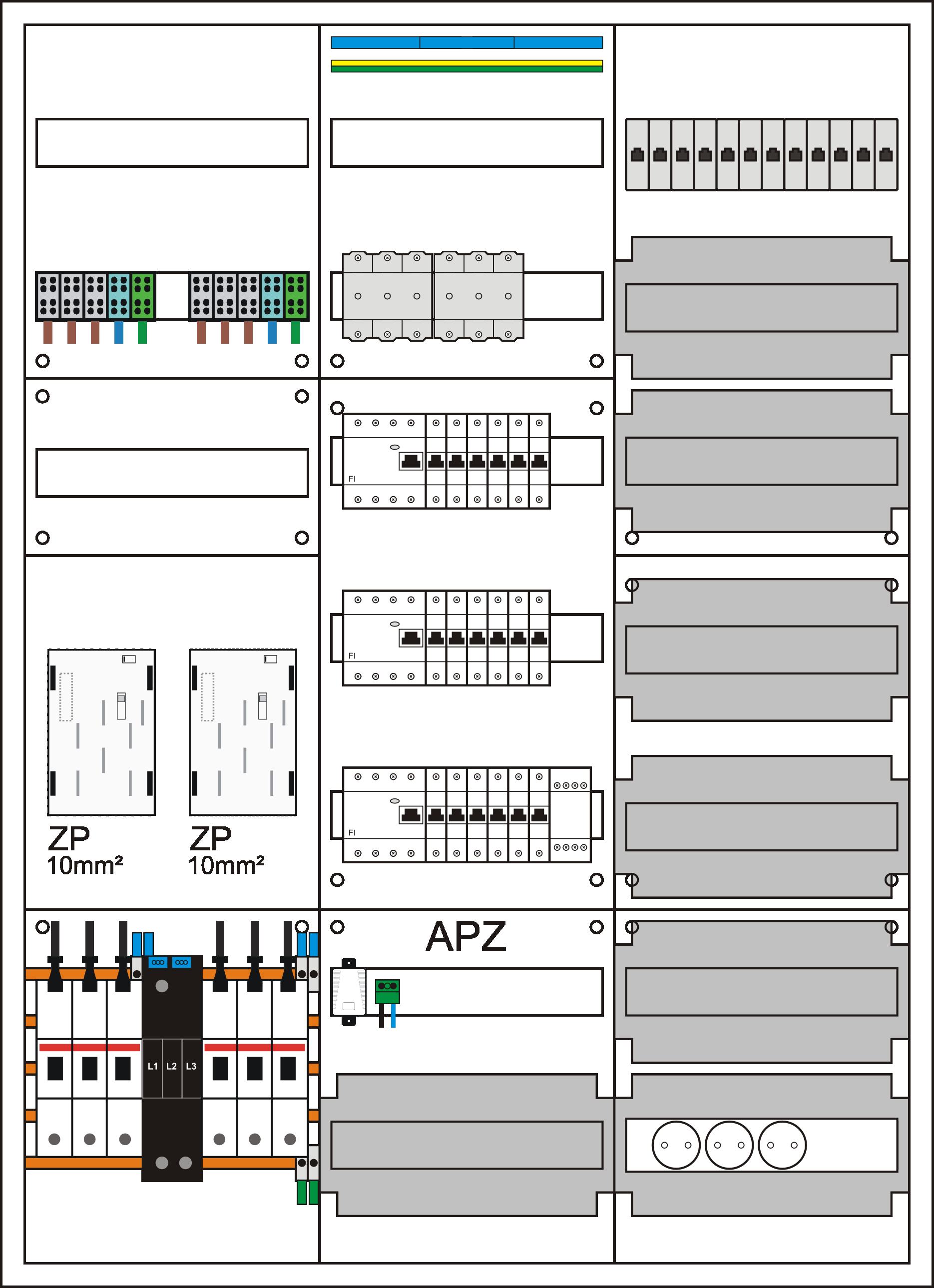 Zählerschrank eHZ,   2 Zählerpl. (eHZ), 1 Verteiler 5-reihig + APZ + N/PE Schiene, 1 Telekommunikationsleerfeld, ohne Zubehör