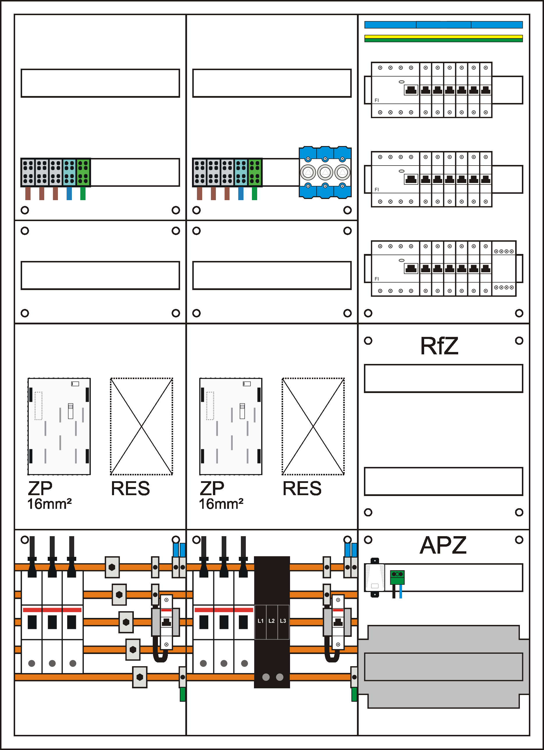 Zählerschrank eHZ,   2 Zählerpl. (eHZ), 1 Verteiler 5-reihig + APZ + N/PE Schiene